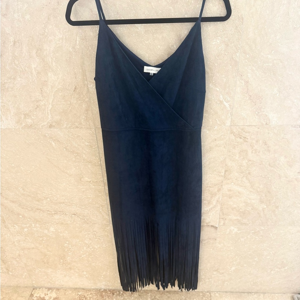 Sugar+Lips Suede Navy Blue Fringe Dress Large NWOT